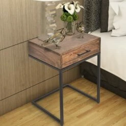Mango Wood Side Table with Drawer and Cantilever Iron Base Brown/Black - The Urban Port 17 Mango Wood Side Table with Drawer and Cantilever Iron Base Brown/Black - The Urban Port -Side Tables Sales unnamed file 7122