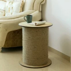 Vintiquewise Decorative Round Spool Shaped Wooden Accent Side Table with Rope