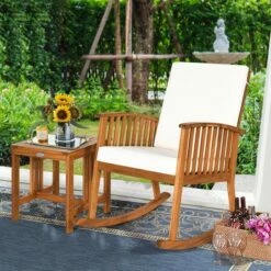 Costway 2PCS Acacia Wood Patio Rocking Chair Set Cushioned Coffee Table