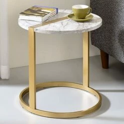 Aldergrove Round Side Table Gold/White - miBasics