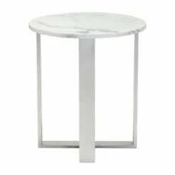 Modern Round Faux Marble Side Table - Stone, Brushed Stainless Steel - Zm Home