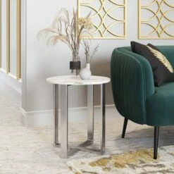 Modern Round Faux Marble Side Table - Stone, Brushed Stainless Steel - Zm Home -Side Tables Sales unnamed file 7354