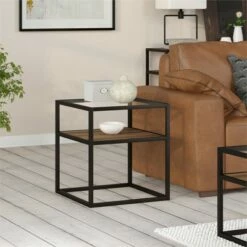 Henn& Hart Metal Classic Glass and Wooden Side Table in Brown - Henn&Hart