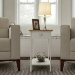 Hastings Home Narrow Side Table With Drawer and Storage Shelf - White/Honey Oak -Side Tables Sales unnamed file 7520