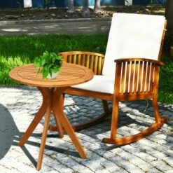 Costway 2PCS Patio Rocking Chair Set Round Table Solid Wood Cushioned Sofa Garden Deck