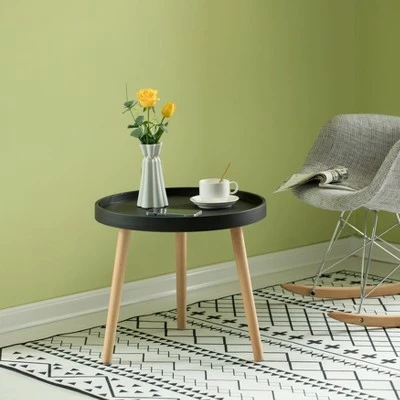 Fabulaxe Modern Plastic Round Side Table Accent Coffee Table with Beech Wood Legs 6 Fabulaxe Modern Plastic Round Side Table Accent Coffee Table with Beech Wood Legs - Image 4