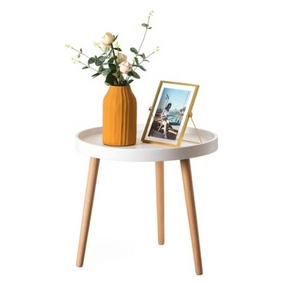 Fabulaxe Modern Plastic Round Side Table Accent Coffee Table with Beech Wood Legs 10 Fabulaxe Modern Plastic Round Side Table Accent Coffee Table with Beech Wood Legs - Image 8