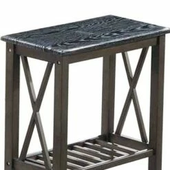 Wooden Side Table with Slatted Shelf and X Shaped Design - Benzara White