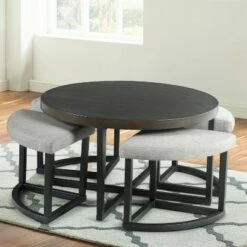 Set of 5 Yukon Coffee Table with Stools and Fabric Seats Gray/Walnut - Steve Silver Co.