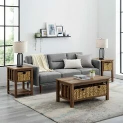 3pc Mission Coffee and Side Table Set with Woven Baskets - Saracina Home Driftwood