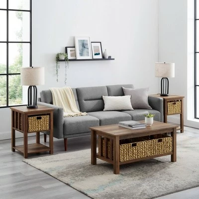 3pc Mission Coffee and Side Table Set with Woven Baskets - Saracina Home Driftwood 3 3pc Mission Coffee and Side Table Set with Woven Baskets - Saracina Home Driftwood