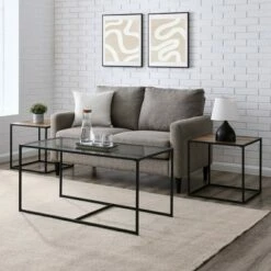 3pc Modern Open Frame Nesting Table Set - Saracina Home Gray Wash/glass