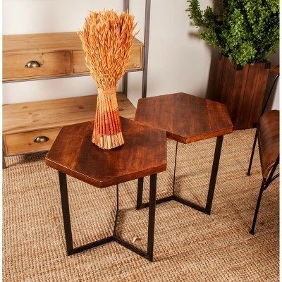 Olivia & May Set of 3 Industrial Mango Wood Accent Tables Brown - Olivia & May 3 Olivia & May Set of 3 Industrial Mango Wood Accent Tables Brown - Olivia & May