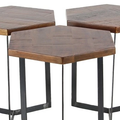 Olivia & May Set of 3 Industrial Mango Wood Accent Tables Brown - Olivia & May 4 Olivia & May Set of 3 Industrial Mango Wood Accent Tables Brown - Olivia & May - Image 2