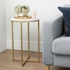 Set of 2 Vivian Glam X Leg Round Side Tables Faux White Marble/Gold - Saracina Home