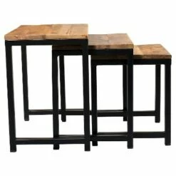 3pc Wood and Iron Nest of Tables Natural - Timbergirl