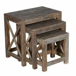 Set of 3 Rustic Rectangular Farmhouse Mango Wood Nesting Tables with X Side Panels Brown - The Urban Port