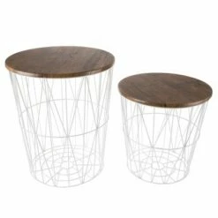 Hastings Home Wire and Wood Nesting Tables - 2 Pieces, White