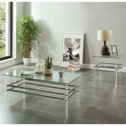 2pc Kritzy Glass Top Coffee Table Set Chrome - miBasics