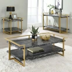 3pc Buntington Coffee Table Set with Faux Marble Gold Coating/Black - miBasics