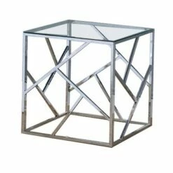 Set of 3 Industrial Tables with Open Geometric Base Silver/Clear - Benzara
