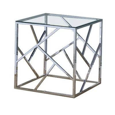 Set of 3 Industrial Tables with Open Geometric Base Silver/Clear - Benzara 2 Set of 3 Industrial Tables with Open Geometric Base Silver/Clear - Benzara