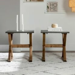 Set of 2 Xavier Farmhouse Trestle Leg Distressed Side Tables - Saracina Home Rustic Oak/white Wash