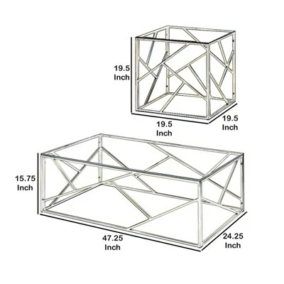 Set of 3 Industrial Tables with Open Geometric Base Silver/Clear - Benzara 5 Set of 3 Industrial Tables with Open Geometric Base Silver/Clear - Benzara - Image 4